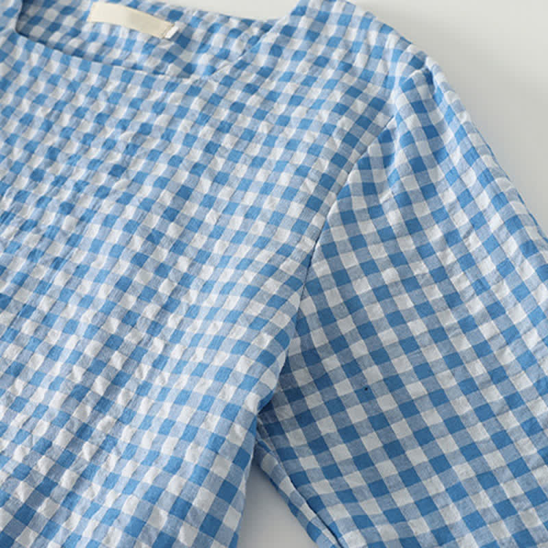 Buddha Stones Spring Casual Vintage Light Blue Plaid Crew Neck Women's Long Sleeve Dress With Pocket - image 5