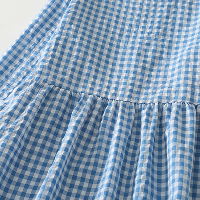 Buddha Stones Spring Casual Vintage Light Blue Plaid Crew Neck Women's Long Sleeve Dress With Pocket - image 6