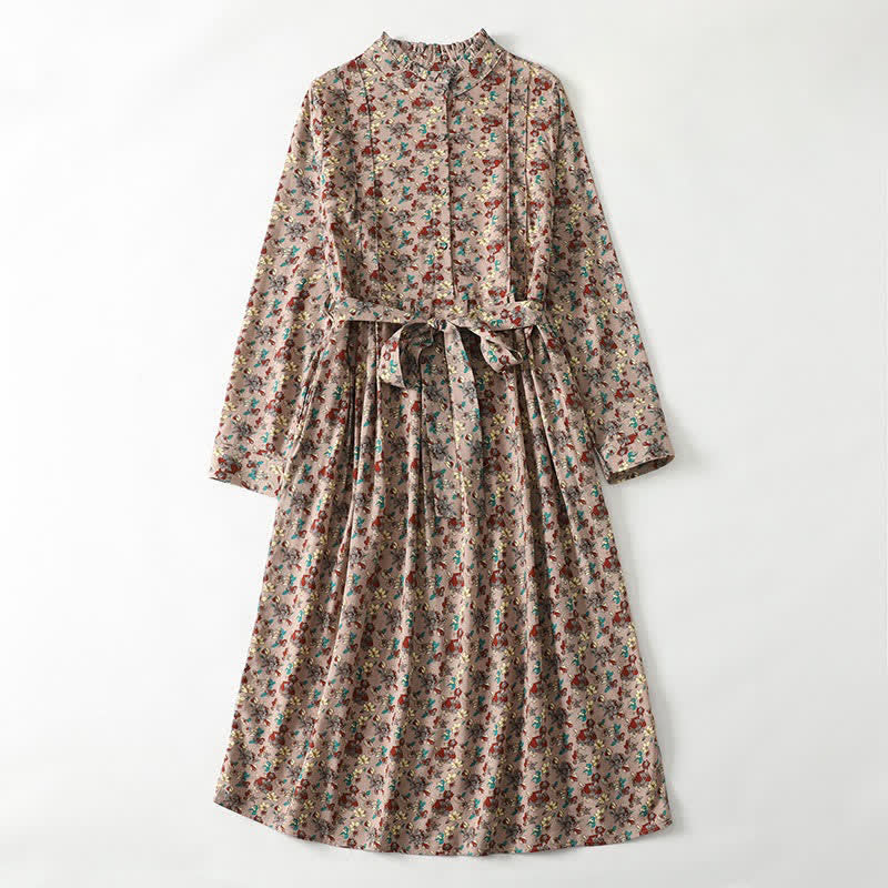 Buddha Stones Spring Summer Vintage Elegant Button-Up Floral Women's Long Sleeve DressWith Pockets - BurlyWood - US8-10, UK/AU12-14, EU40-42 (2XL) - image 0