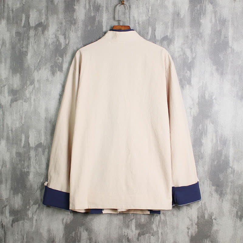 Buddha Stones Spring Fall Casual Tang Style Drawstring Contrast Trim Solid Men's Kimono - image 1