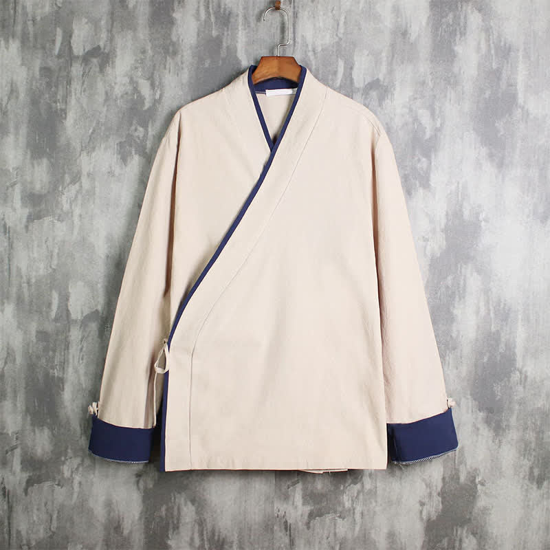 Buddha Stones Spring Fall Casual Tang Style Drawstring Contrast Trim Solid Men's Kimono - Bisque - US/UK/AU46, EU56 (5XL) - image 0