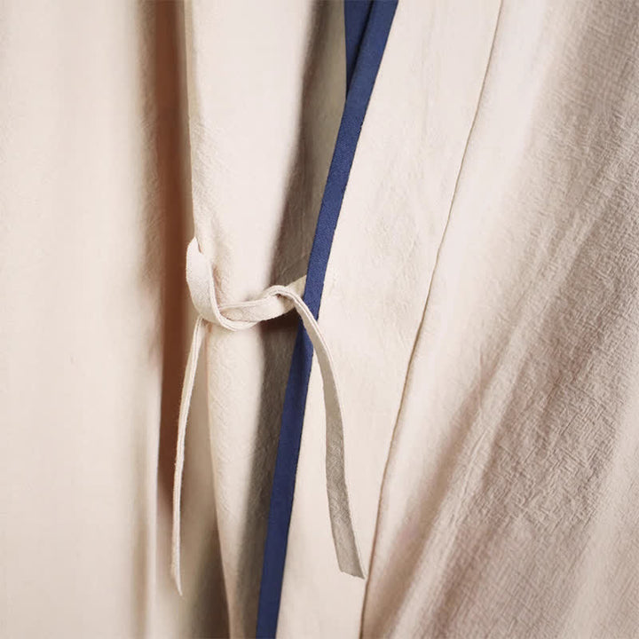 Buddha Stones Spring Fall Casual Tang Style Drawstring Contrast Trim Solid Men's Kimono - image 5