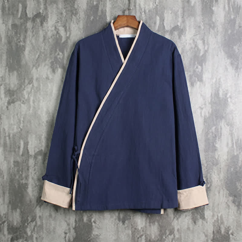Buddha Stones Spring Fall Casual Tang Style Drawstring Contrast Trim Solid Men's Kimono - Navy - US/UK/AU46, EU56 (5XL) - image 10