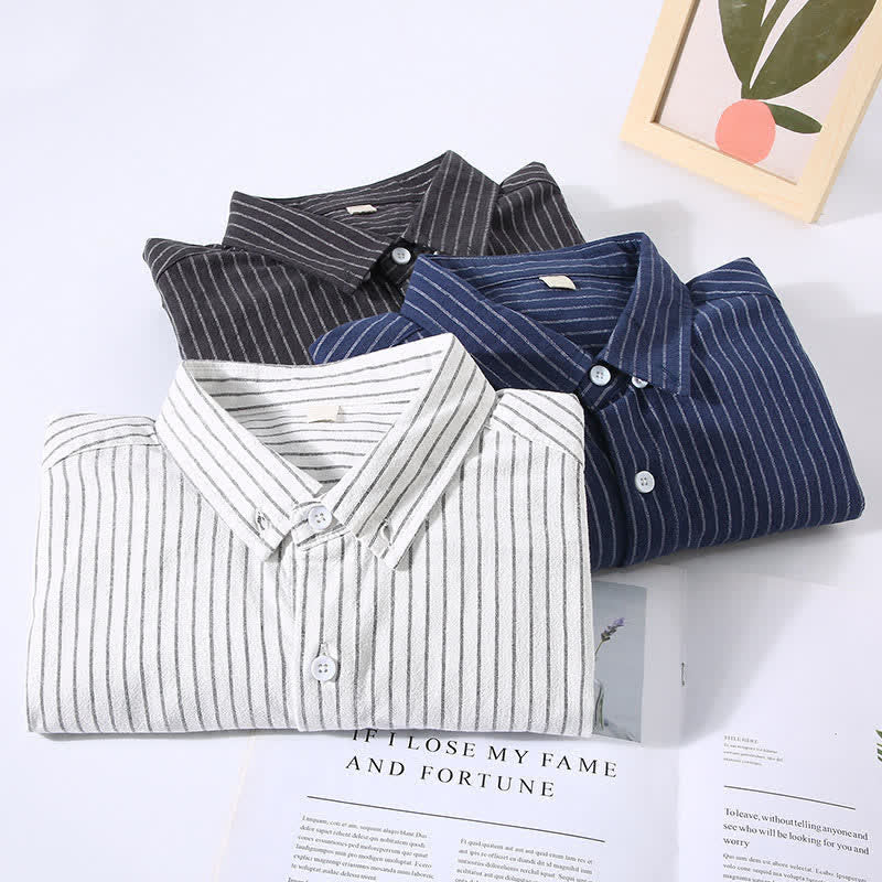 Buddha Stones Spring Fall Casual Minimalist Button-Up Vertical Striped Men's Long Sleeve Shirts With Patch Pocket - image 14