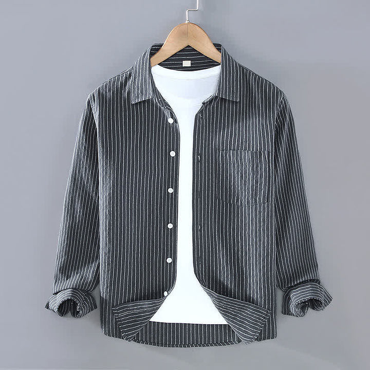 Buddha Stones Spring Fall Casual Minimalist Button-Up Vertical Striped Men's Long Sleeve Shirts With Patch Pocket - DimGray - US/UK/AU42, EU52 (3XL) - image 12