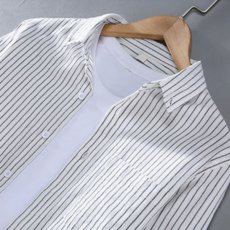 Buddha Stones Spring Fall Casual Minimalist Button-Up Vertical Striped Men's Long Sleeve Shirts With Patch Pocket - image 2
