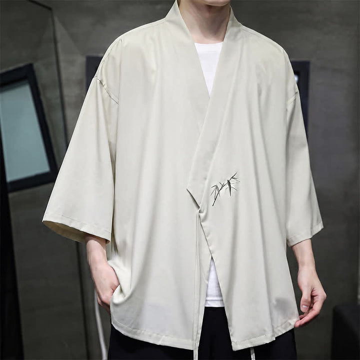 Buddha Stones Summer Tang Style Minimalist Drawstring Bamboo Solid Three-Quarter Sleeve Men's Kimono - image 4