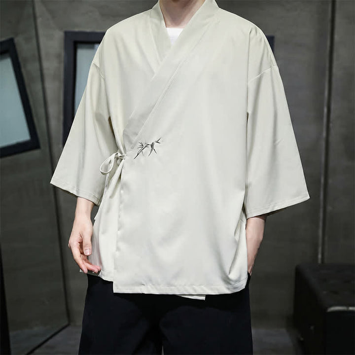 Buddha Stones Summer Tang Style Minimalist Drawstring Bamboo Solid Three-Quarter Sleeve Men's Kimono - image 2