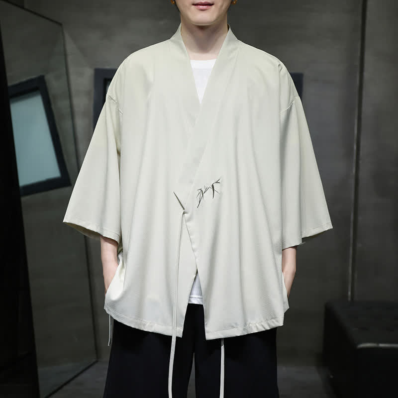 Buddha Stones Summer Tang Style Minimalist Drawstring Bamboo Solid Three-Quarter Sleeve Men's Kimono - Beige - US/UK/AU46, EU56 (5XL) - image 0