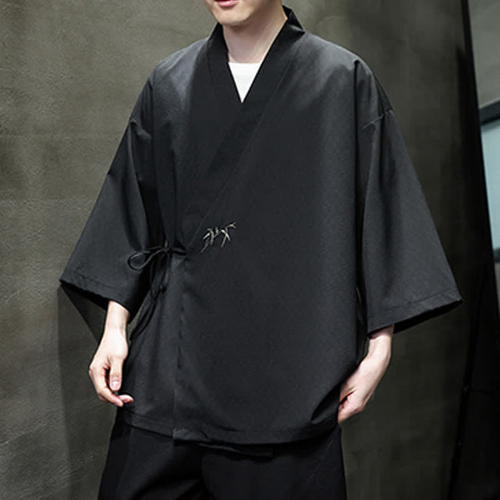 Buddha Stones Summer Tang Style Minimalist Drawstring Bamboo Solid Three-Quarter Sleeve Men's Kimono - image 14