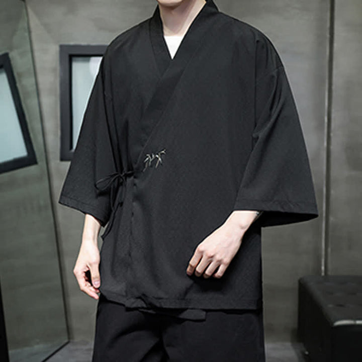 Buddha Stones Summer Tang Style Minimalist Drawstring Bamboo Solid Three-Quarter Sleeve Men's Kimono - image 15