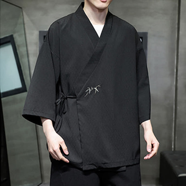Buddha Stones Summer Tang Style Minimalist Drawstring Bamboo Solid Three-Quarter Sleeve Men's Kimono - image 16
