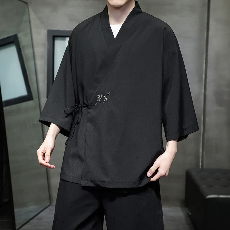 Buddha Stones Summer Tang Style Minimalist Drawstring Bamboo Solid Three-Quarter Sleeve Men's Kimono - image 11