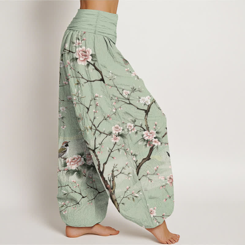 Buddha Stones Cotton Cherry Blossoms Bird Pattern Women's Elastic Waist Harem Pants - image 1
