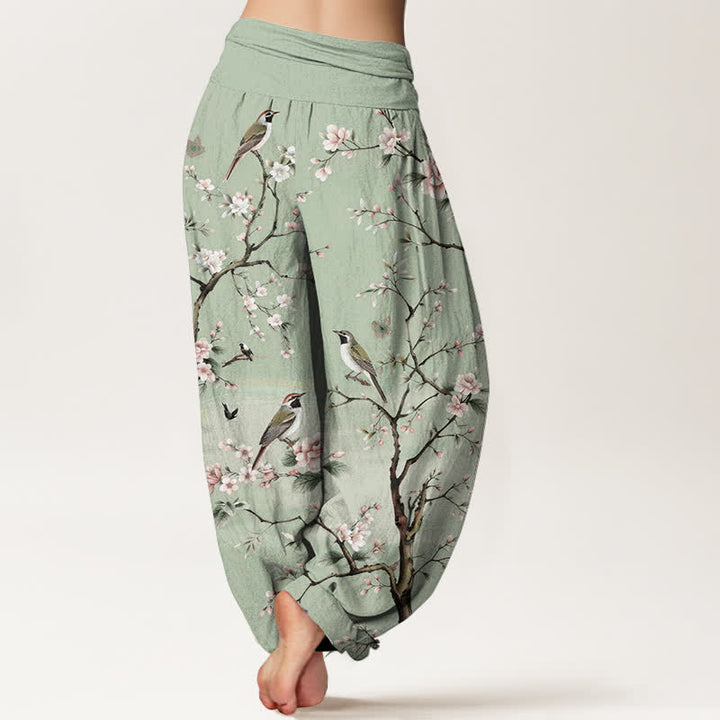 Buddha Stones Cotton Cherry Blossoms Bird Pattern Women's Elastic Waist Harem Pants - image 2