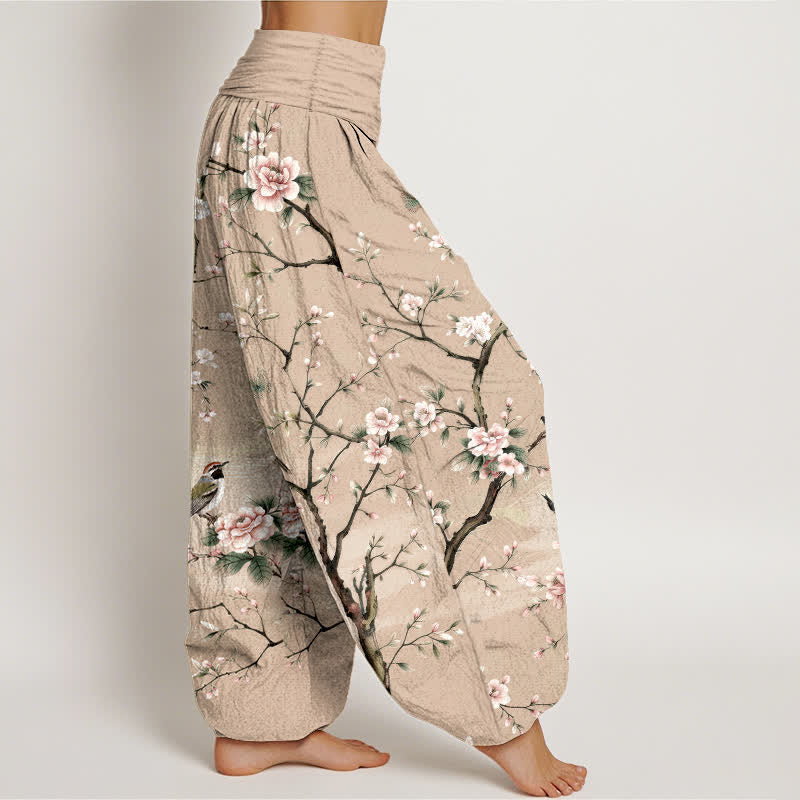 Buddha Stones Cotton Cherry Blossoms Bird Pattern Women's Elastic Waist Harem Pants - image 9