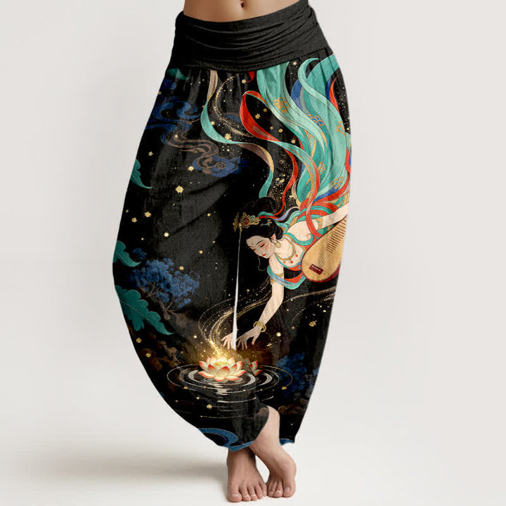 Buddha Stones Cotton Celestial Musician Lotus Pattern Women's Elastic Waist Harem Pants - Black - US16，UK/AU20，EU48 (3XL) - image 0
