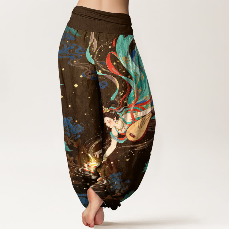 Buddha Stones Cotton Celestial Musician Lotus Pattern Women's Elastic Waist Harem Pants - image 10