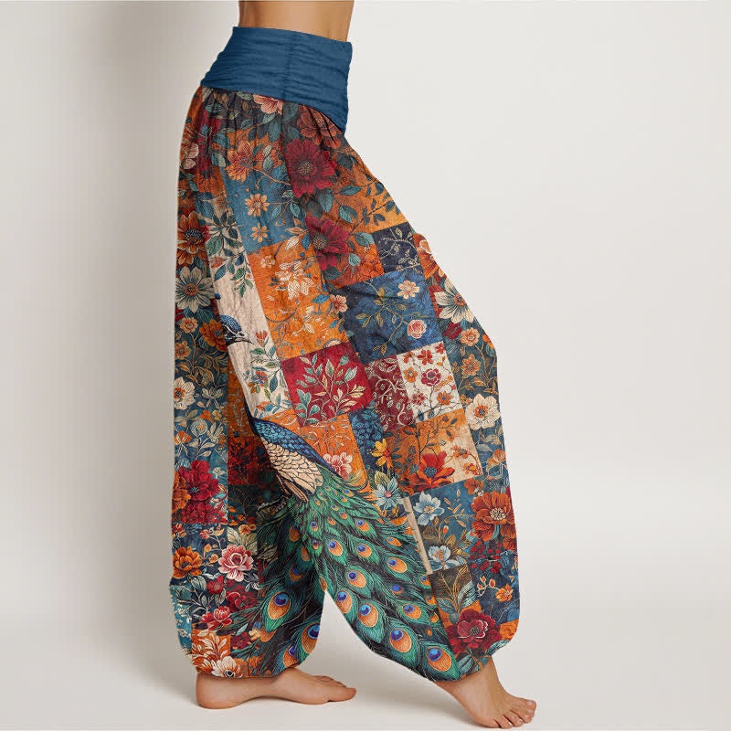 Buddha Stones Cotton Peacock Floral Patchwork Pattern Women's Elastic Waist Harem Pants - image 1