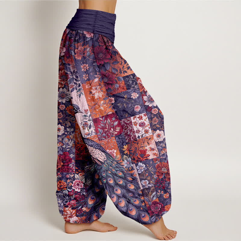 Buddha Stones Cotton Peacock Floral Patchwork Pattern Women's Elastic Waist Harem Pants - image 6