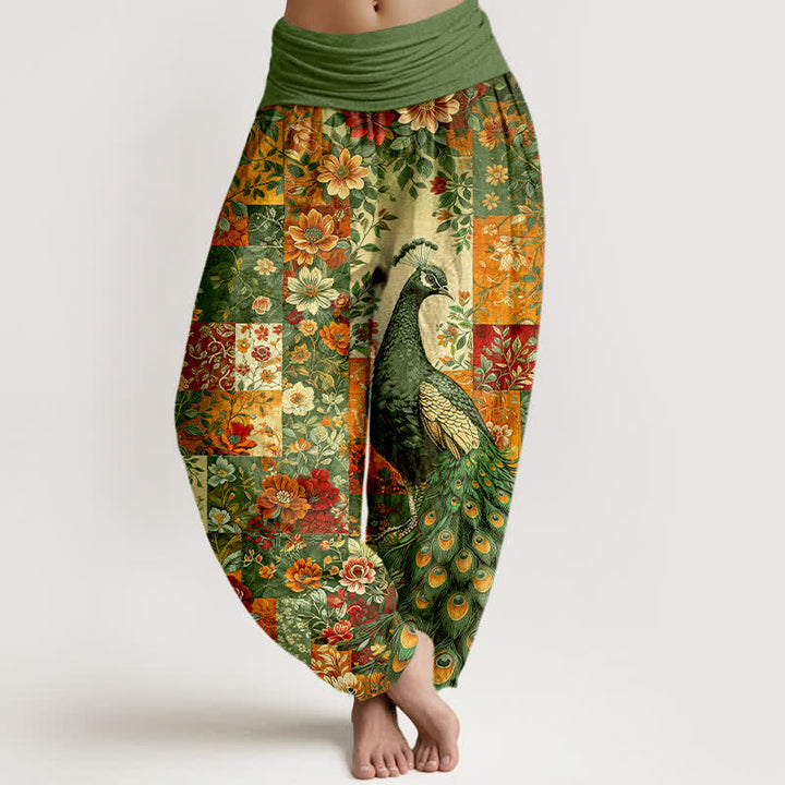Buddha Stones Cotton Peacock Floral Patchwork Pattern Women's Elastic Waist Harem Pants - OliveDrab - US16，UK/AU20，EU48 (3XL) - image 8