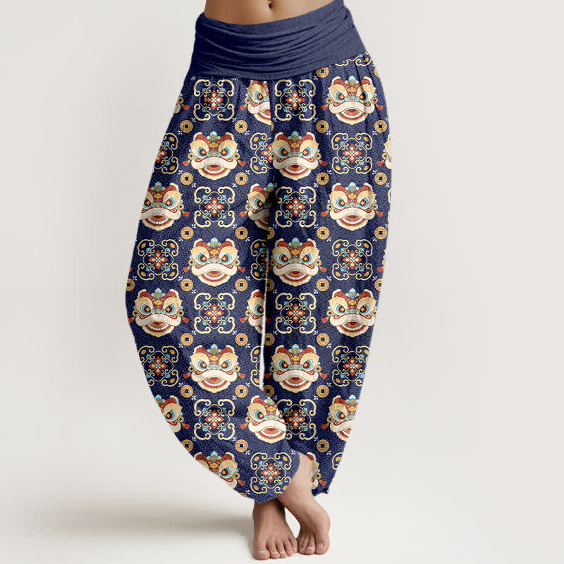 Buddha Stones Cotton Tribal Lion Mask Pattern Women's Elastic Waist Harem Pants - Navy - US16，UK/AU20，EU48 (3XL) - image 5