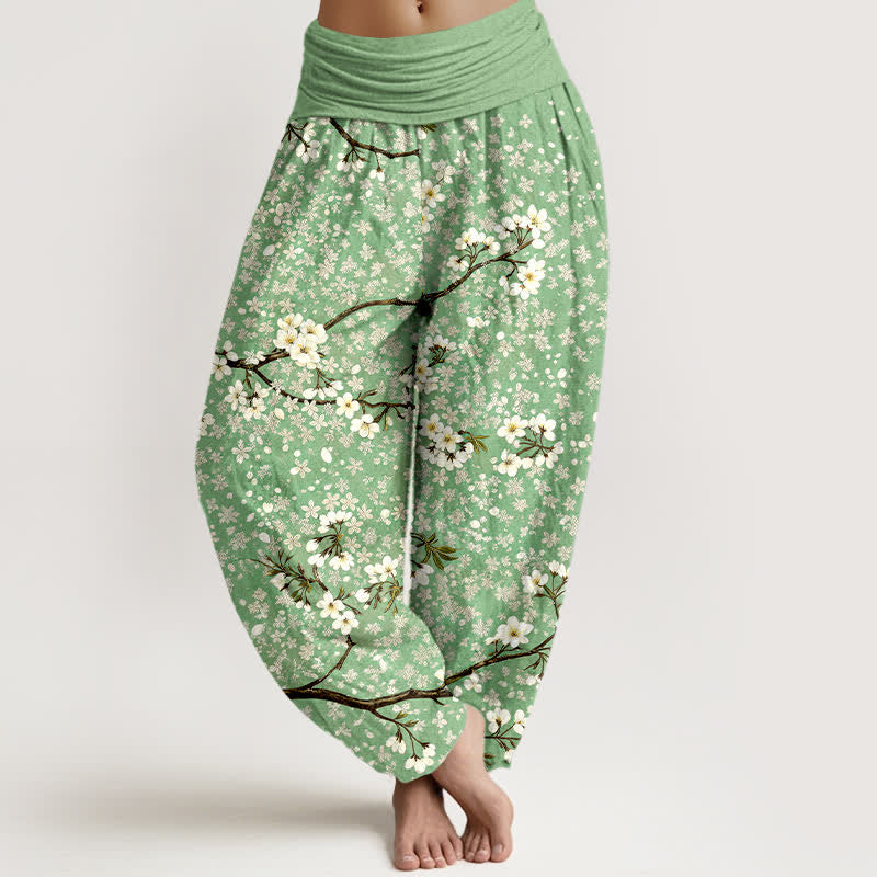 Buddha Stones Cotton White Blossom Branch Pattern Women's Elastic Waist Harem Pants - LightGreen - US16，UK/AU20，EU48 (3XL) - image 0
