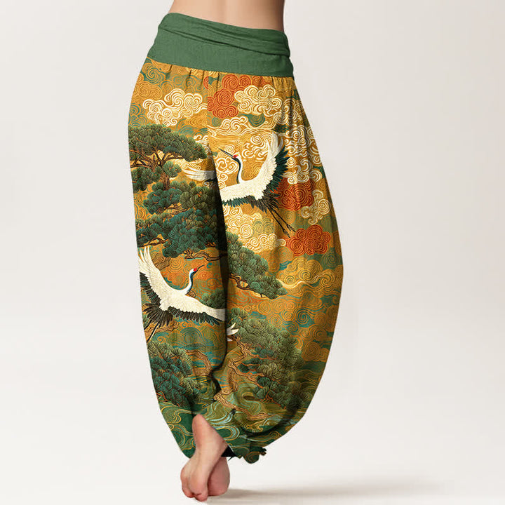 Buddha Stones Cotton Crane Pine Wave Pattern Women's Elastic Waist Harem Pants - image 2