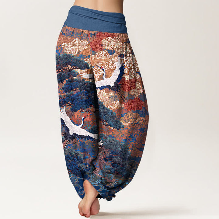 Buddha Stones Cotton Crane Pine Wave Pattern Women's Elastic Waist Harem Pants - image 7