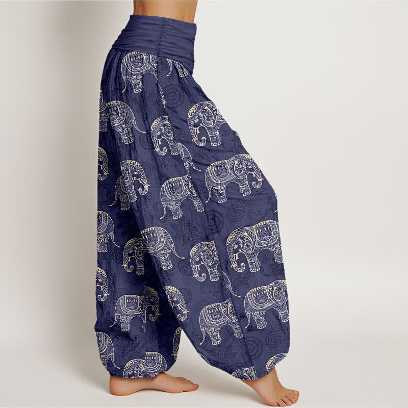 Buddha Stones Cotton White Elephant Pattern Women's Elastic Waist Harem Pants - image 1