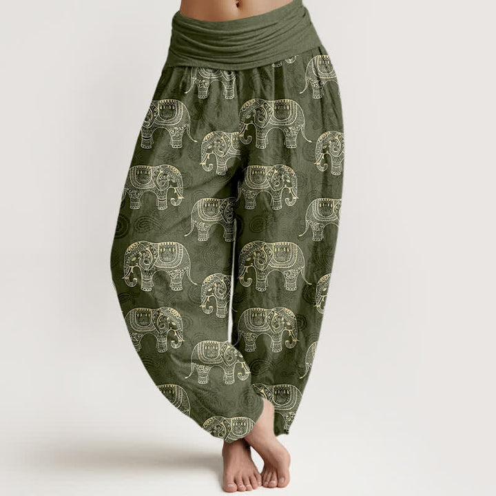 Buddha Stones Cotton White Elephant Pattern Women's Elastic Waist Harem Pants - OliveDrab - US16，UK/AU20，EU48 (3XL) - image 5