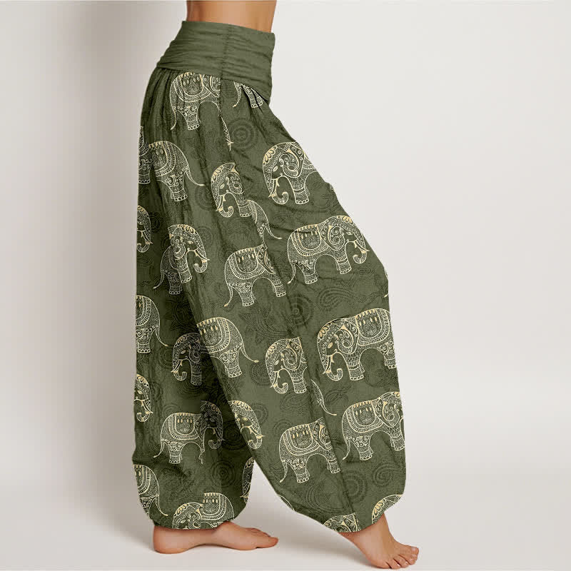 Buddha Stones Cotton White Elephant Pattern Women's Elastic Waist Harem Pants - image 6