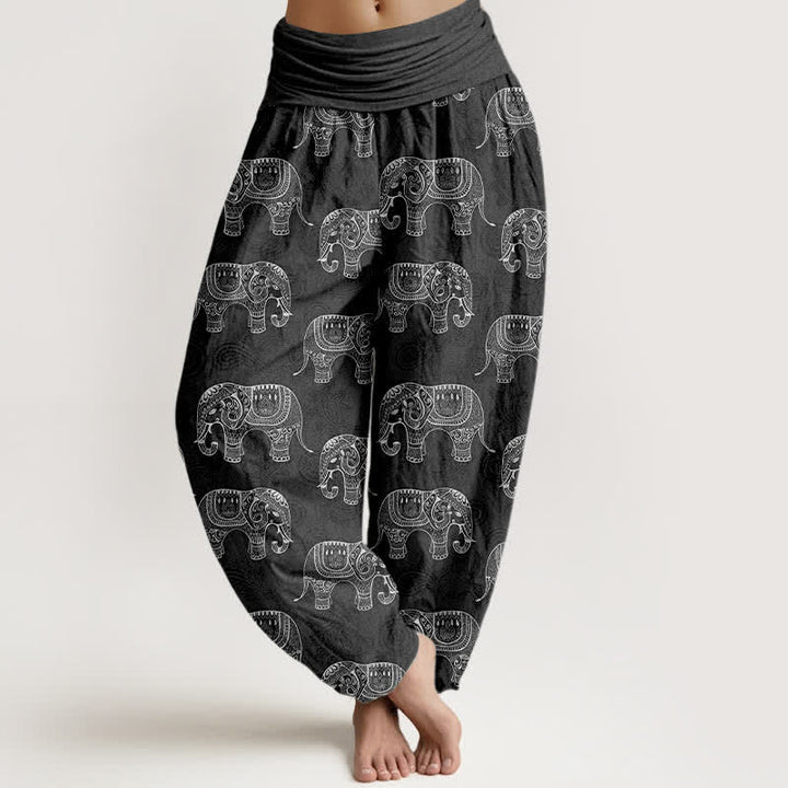 Buddha Stones Cotton White Elephant Pattern Women's Elastic Waist Harem Pants - DimGray - US16，UK/AU20，EU48 (3XL) - image 8