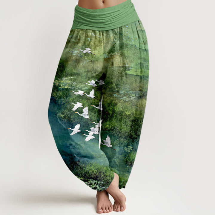 Buddha Stones Cotton Forest Lake Flying Bird Pattern Women's Elastic Waist Harem Pants - LimeGreen - US16，UK/AU20，EU48 (3XL) - image 0