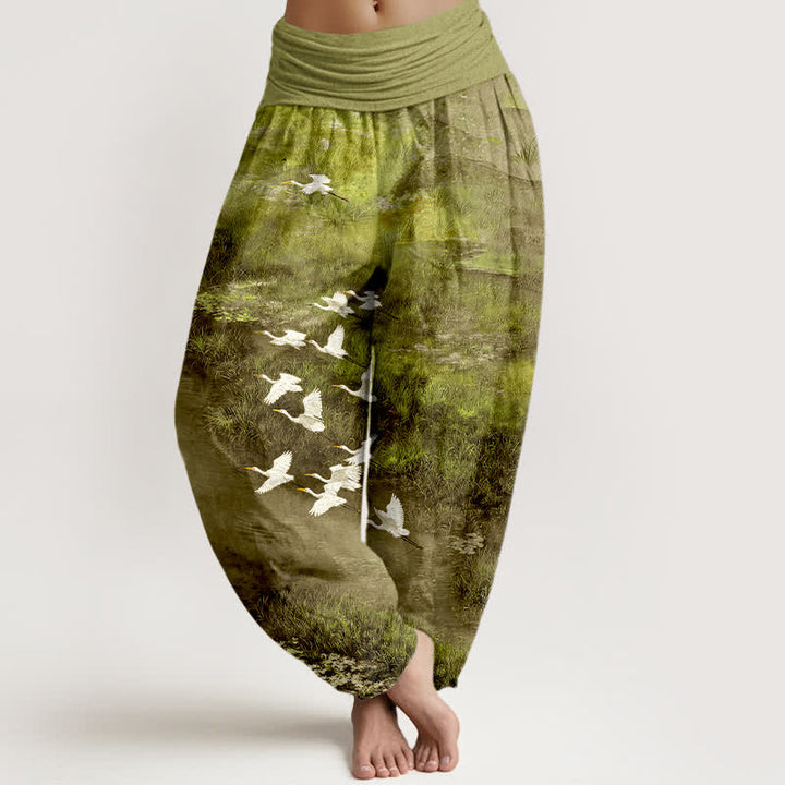Buddha Stones Cotton Forest Lake Flying Bird Pattern Women's Elastic Waist Harem Pants - YellowGreen - US16，UK/AU20，EU48 (3XL) - image 5