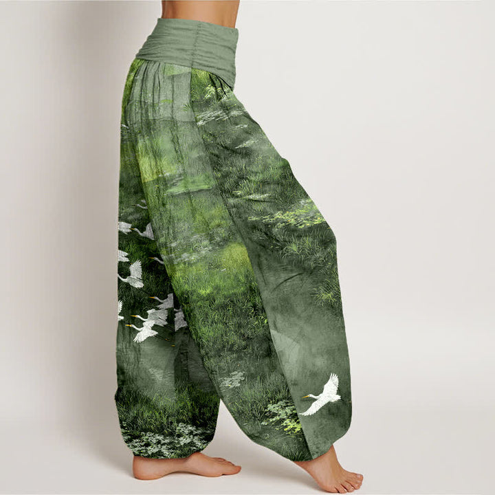 Buddha Stones Cotton Forest Lake Flying Bird Pattern Women's Elastic Waist Harem Pants - image 9