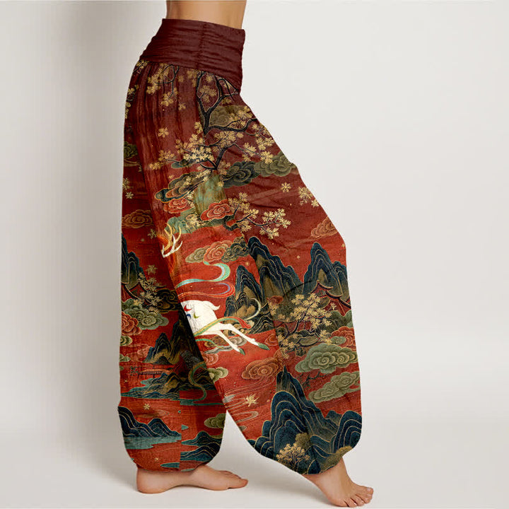 Buddha Stones Cotton White Deer Mountain Pattern Women's Elastic Waist Harem Pants - image 1