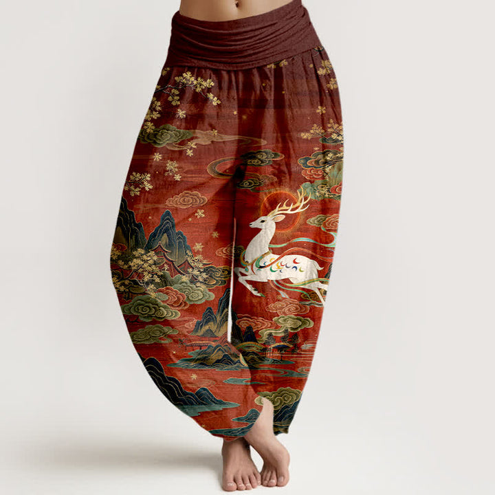 Buddha Stones Cotton White Deer Mountain Pattern Women's Elastic Waist Harem Pants - Maroon - US16，UK/AU20，EU48 (3XL) - image 0
