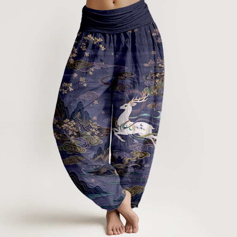 Buddha Stones Cotton White Deer Mountain Pattern Women's Elastic Waist Harem Pants - Navy - US16，UK/AU20，EU48 (3XL) - image 5