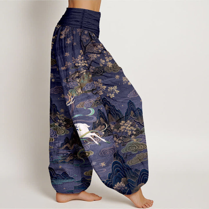 Buddha Stones Cotton White Deer Mountain Pattern Women's Elastic Waist Harem Pants - image 6