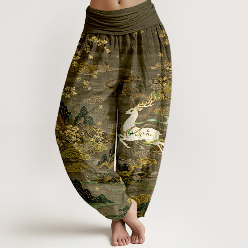 Buddha Stones Cotton White Deer Mountain Pattern Women's Elastic Waist Harem Pants - Olive - US16，UK/AU20，EU48 (3XL) - image 8