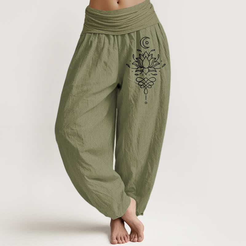Buddha Stones Pure Cotton White Lotus Pattern Women's Elastic Waist Harem Pants - OliveDrab - US16，UK/AU20，EU48 (3XL) - image 14