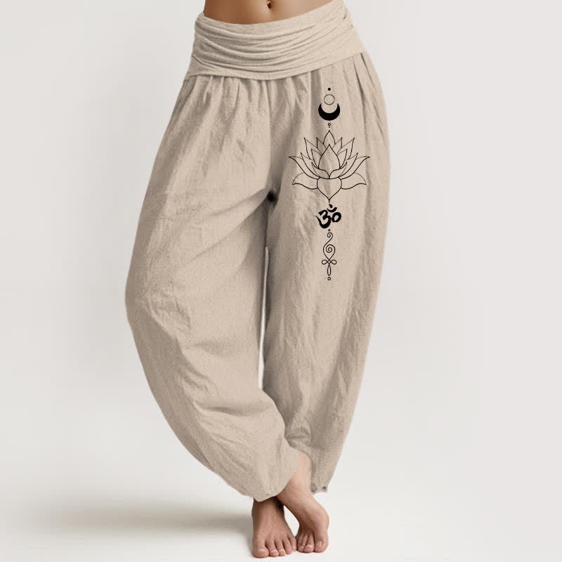 Buddha Stones Pure Cotton Lotus Moon Om Pattern Women's Elastic Waist Harem Pants - Tan - US16，UK/AU20，EU48 (3XL) - image 0