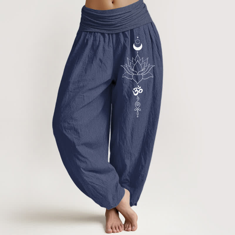 Buddha Stones Pure Cotton Lotus Moon Om Pattern Women's Elastic Waist Harem Pants - DarkSlateBlue - US16，UK/AU20，EU48 (3XL) - image 8