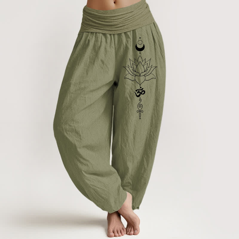 Buddha Stones Pure Cotton Lotus Moon Om Pattern Women's Elastic Waist Harem Pants - OliveDrab - US16，UK/AU20，EU48 (3XL) - image 14
