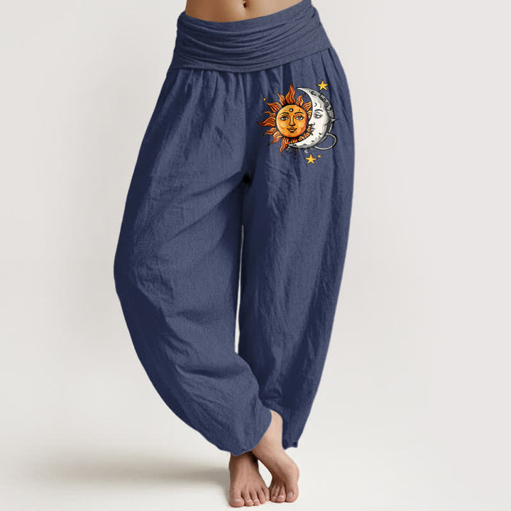 Buddha Stones Pure Cotton Sun and Moon Pattern Women's Elastic Waist Harem Pants - DarkSlateBlue - US16，UK/AU20，EU48 (3XL) - image 5