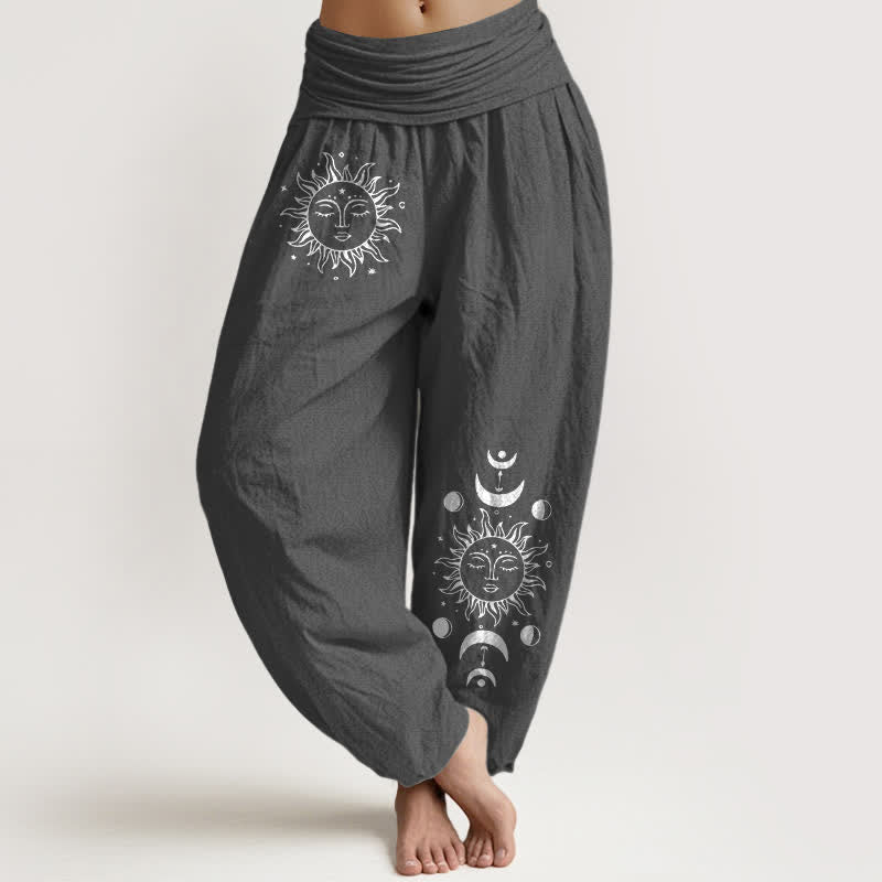 Buddha Stones Pure Cotton Sun Moon Pattern Women's Elastic Waist Harem Pants - DimGray - US16，UK/AU20，EU48 (3XL) - image 8