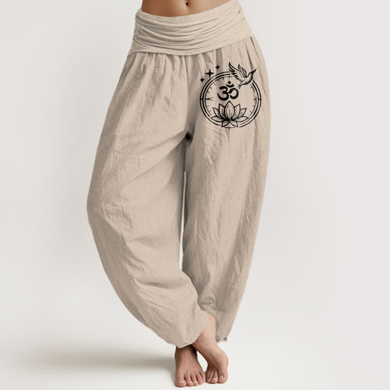 Buddha Stones Pure Cotton Lotus Om Bird Pattern Women's Elastic Waist Harem Pants - Tan - US16，UK/AU20，EU48 (3XL) - image 11