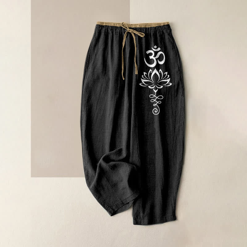 Buddha Stones Pure Cotton Zen Lotus Om Pattern Women's Elastic Waist Pants With Pockets - Black - US16，UK/AU20，EU48 (3XL) - image 4