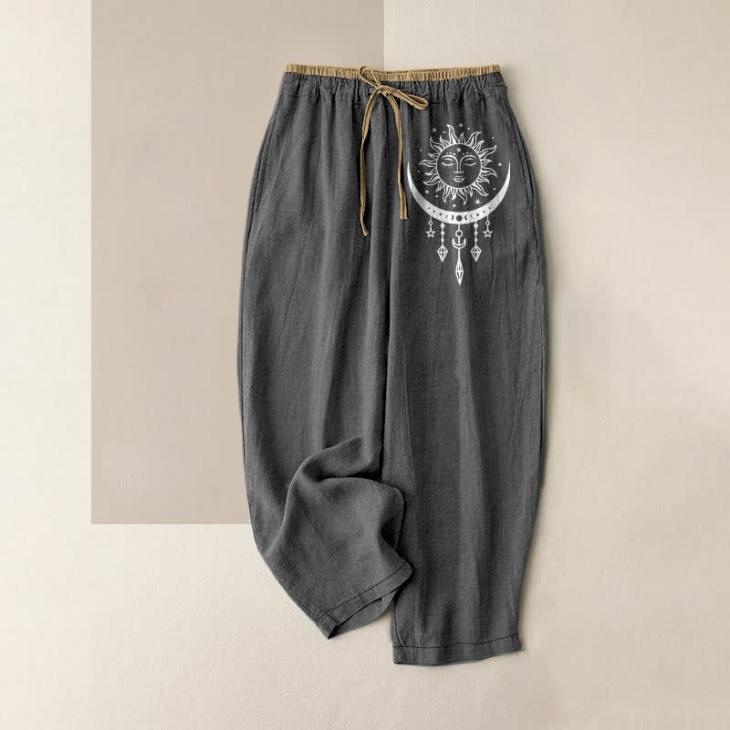Buddha Stones Pure Cotton Celestial Sun Moon Pattern Women's Elastic Waist Pants With Pockets - DimGray - US16，UK/AU20，EU48 (3XL) - image 0